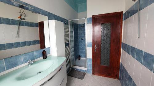 łazienka z umywalką, prysznicem i drzwiami w obiekcie Eden w Bolonii