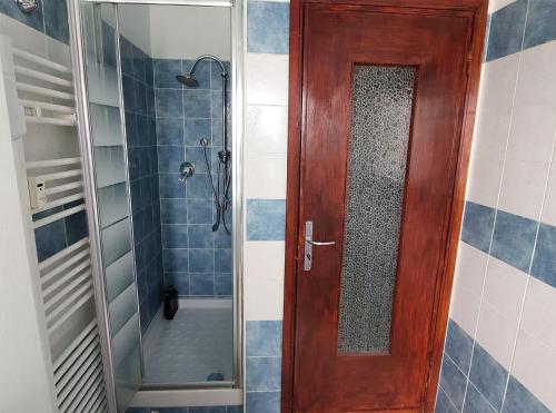 a bathroom with a shower and a wooden door at Eden in Bologna