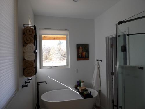 a bathroom with a tub and a toilet and a window at La joie de vivre in South Haven