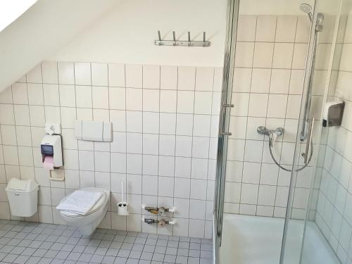 a bathroom with a toilet and a shower at Aparthotel B & L in Bremen
