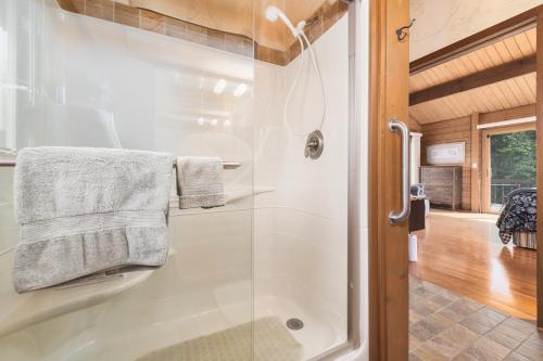 uma casa de banho com um chuveiro e uma porta de vidro em Hilltop Serenity - entire cabin- scenic oasis 