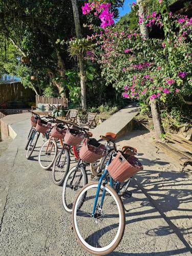 a row of bikes parked in a row with baskets at Pousada e Mergulho Jamanta in Angra dos Reis