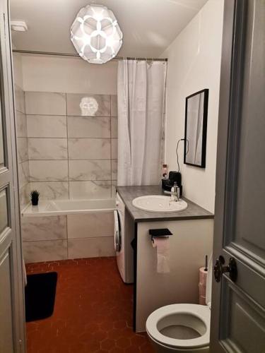 une salle de bain avec toilettes, lavabo et baignoire dans l'établissement Appartement cozy au cœur du village, à Roquebrune-sur Argens