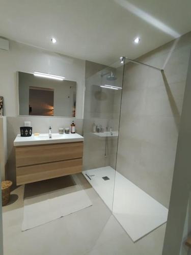 une salle de bain blanche avec un lavabo et une douche dans l'établissement T2 neuf, 1 chambre, golf Valcros, à La Londe-les-Maures