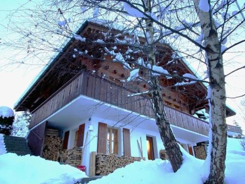 Chalet Specht, gemütliches Ferienchalet auf der Axalp في اكسالب: منزل مغطى بالثلج مع شجرة
