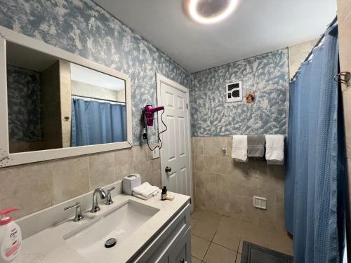 a bathroom with a sink and a mirror at 3 bedrooms in Modern Brooklyn home, Close to J train in Brooklyn