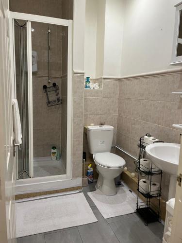 uma casa de banho com um WC, um chuveiro e um lavatório. em Two Bedroom Flat Burnt Oak London em Edgware
