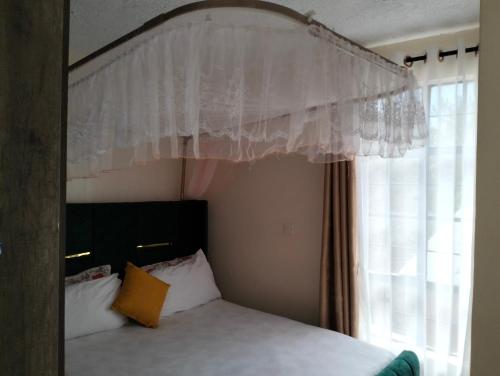 a bedroom with a bed with a canopy and a window at Yalacosy homes in Kitengela 
