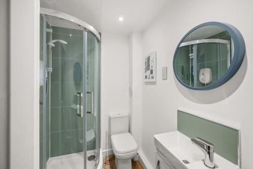 La salle de bains est pourvue d'une douche, de toilettes et d'un miroir. dans l'établissement Marine parade apartment with river view, à Dundee