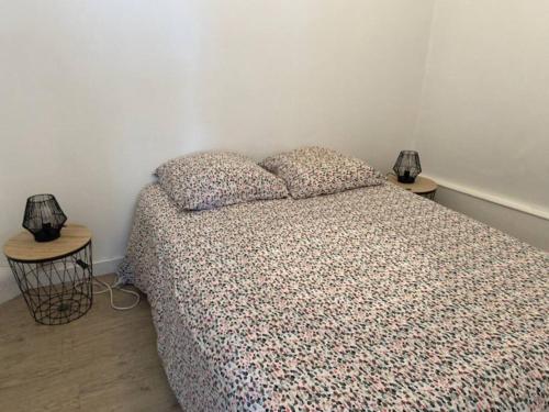 une chambre avec un lit avec deux oreillers dessus dans l'établissement Appartement Centre ville, à Granville