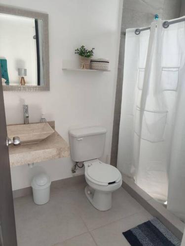a white bathroom with a toilet and a shower at Casa confort nueva Cerca de outlets y Hospital Regional in Santa Gertrudis