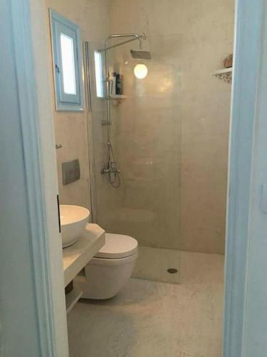 a bathroom with a shower and a toilet and a sink at Faro del mar in Naxos Chora