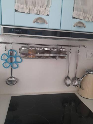 a kitchen with a stove top oven with utensils at Faro del mar in Naxos Chora