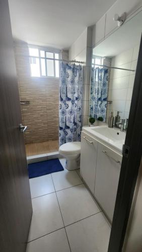 y baño con aseo, lavabo y ducha. en Quédate con sulay habitación a 5mint del aeropuerto en Ciudad Radial