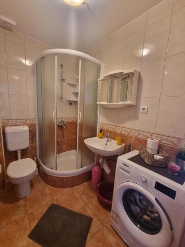 a bathroom with a shower toilet and a washing machine at Podgora apartment no.5 in Podgora