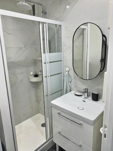 une salle de bain avec une douche, un lavabo et un miroir dans l'établissement Appartement cosy Thiais - Proche Paris et Orly Aéroport, à Thiais