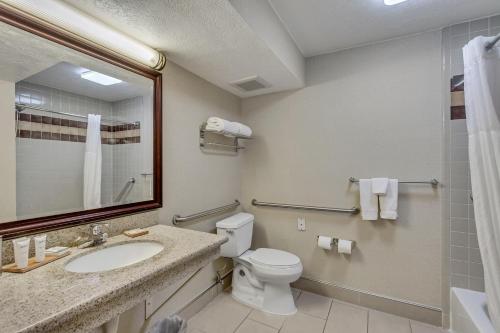 a bathroom with a toilet and a sink and a mirror at Radisson Salt Lake Airport in Salt Lake City