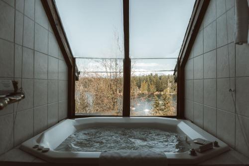 a bath tub in a bathroom with a window at Marinas Alto Manzano in Villa La Angostura