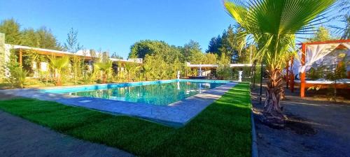 a swimming pool with a palm tree in a yard at Cabañas con Tinaja 4 a 6 personas in Quillón