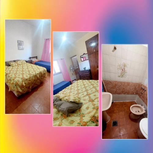 2 fotos de un dormitorio con cama y baño en Hospedaje La Gringa en Tinogasta