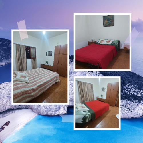 uma colagem de quatro fotografias de um quarto com duas camas em Hospedaje La Gringa em Tinogasta