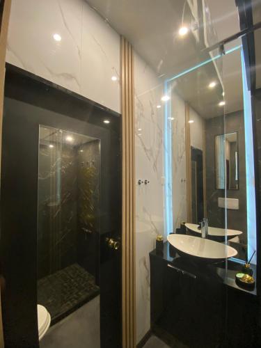 une salle de bain avec une douche en verre et un lavabo dans l'établissement Denis&kanya, à Nice