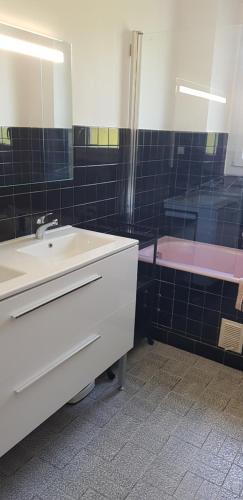 uma casa de banho com um lavatório e uma banheira em Villa Mas Fa Susa 3 étoiles avec piscine em Les Vans