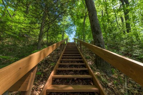 a wooden staircase in the middle of a forest at Gebhard Chalet - Charming, private, beachfront chalet nestled in a wooded dune on Lake Michigan in Coloma