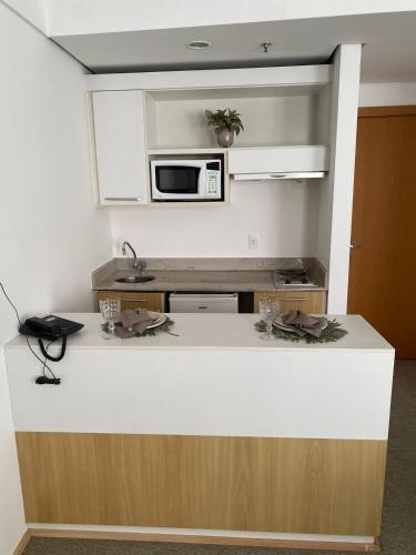 een keuken met een aanrecht met een magnetron bij Flat em Alphaville melhor localização in Barueri