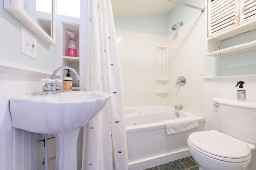 a white bathroom with a sink and a toilet at Firefly Cottage - close to beach & town! in South Haven