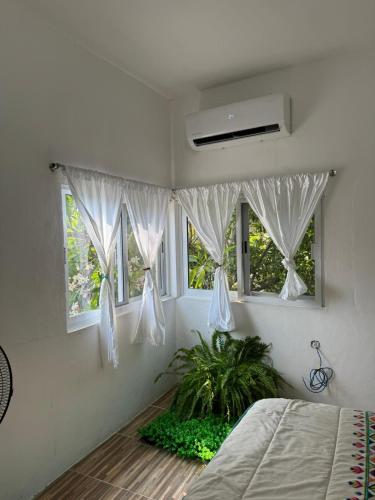 a bedroom with a bed and two windows at Casa Mamá Lolis in Puerto Ángel