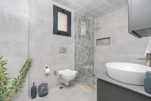 a bathroom with a sink and a toilet and a shower at Villa Heri in Kas