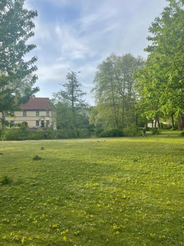 un champ d'herbe verte avec une maison en arrière-plan dans l'établissement Cozy Corner in Schloss Strünkede - Comfortable Room in friendly shared apartment, à Herne
