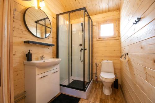 uma casa de banho com um chuveiro, um WC e um lavatório. em Domki letniskowe NIEZAPOMINAJKA Komańcza Letnisko em Komańcza