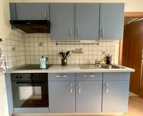 a kitchen with blue cabinets and a sink at Casa Lilia in Lugano
