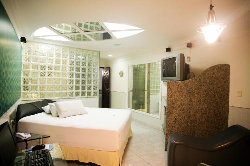 Vert Motel Parnamirim في بارناميريم: غرفة فندق بسرير وتلفزيون
