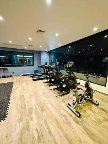 a gym with a row of cardio bikes and treadms at Moderno y acogedor apartamento in Santo Domingo