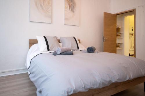 ein Schlafzimmer mit einem großen weißen Bett mit zwei Kissen in der Unterkunft Un Cocon Au Cœur d'Avignon Logement in Avignon
