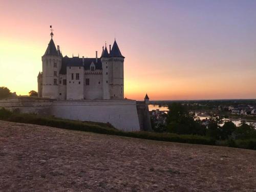 un château au sommet d'une colline au coucher du soleil dans l'établissement Appartement cosy hypercentre Place St Pierre, à Saumur