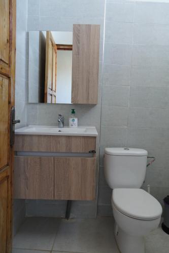 a bathroom with a toilet and a sink and a mirror at WaveGo Surf Camp in Imsouane