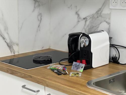 un grille-pain assis sur un comptoir à côté d'un évier dans l'établissement Villa de rêve au soleil Parfaite Pour un séjour à 4, à Nice