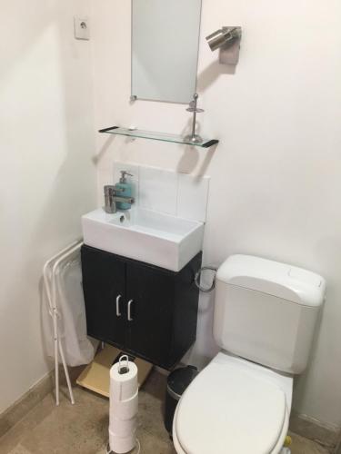 une salle de bain avec des toilettes blanches et un lavabo dans l'établissement 2 pièces proche tour Eiffel, Trocadéro et OCDE, à Paris