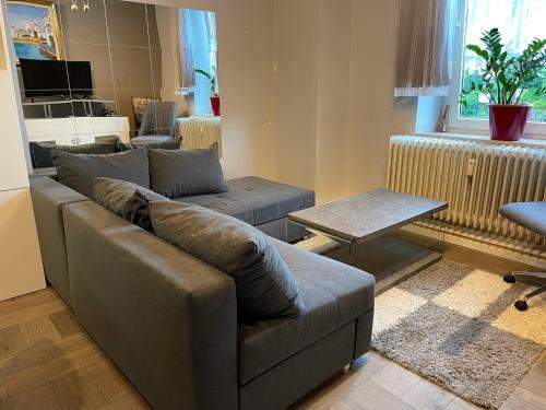 ein Wohnzimmer mit einem Sofa und einem Tisch in der Unterkunft Pellinger-Höhe Apartment in Pellingen