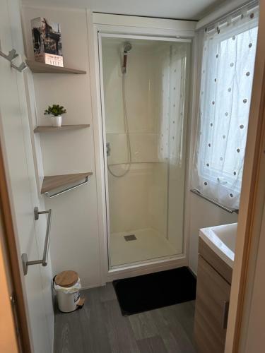uma casa de banho com um chuveiro e uma porta de vidro em Mobil-home de la méditerranée em Vias