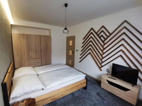 um quarto com uma cama e uma televisão em Apartmán Bílá Voda em Cervena Voda