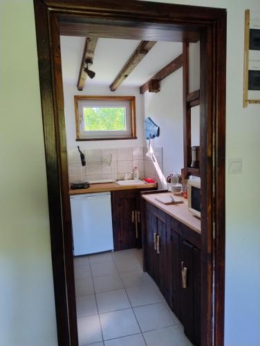 a small kitchen with a sink and a window at Podołynia in Dwernik