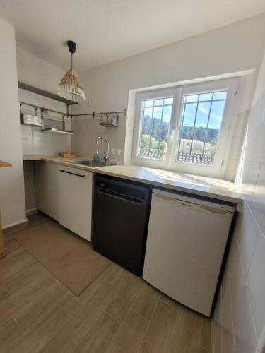 une cuisine avec un évier et une fenêtre dans l'établissement Joli 2 pièces rénové à proximité des plages, au Pradet