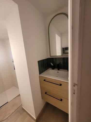 une salle de bain avec un lavabo et un miroir dans l'établissement Joli 2 pièces rénové à proximité des plages, au Pradet
