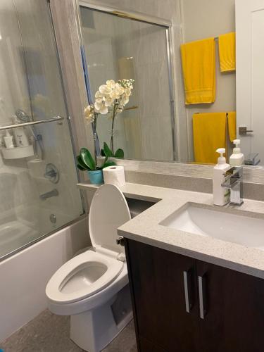 a bathroom with a toilet and a sink at Panorama VistaVue Vancouver in Vancouver