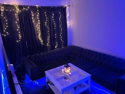 uma sala de estar com um sofá com uma mesa e luzes em Rise Lodge em Bruxelas